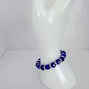 Blue glass beaded stretch bracelet eye design rhinestone spacers silver tone
