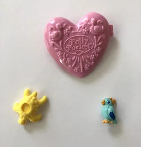 Vintage Polly Pocket yellow turtle, blue & yellow parrot & cover to pink locket - Picture 1 of 8