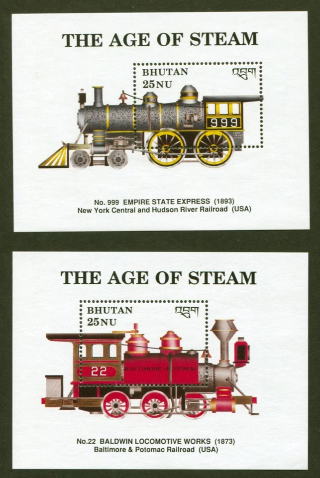 Locomotoras Bhutan Sc# 814 y 817, Age of Steam, 2 en estado bastante bueno/XF MNH 1990 S/S, SCV: $10 Foto 1 de 1