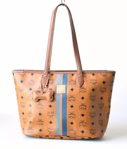 MCM Visetos Cognac Brown Bone Charm Large Tote Bag - Picture 1 of 14