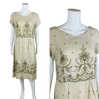 Vestido Vintage Años 50 Beige Lino Amarillo Bordado Volup | W 35" Foto 1 de 4