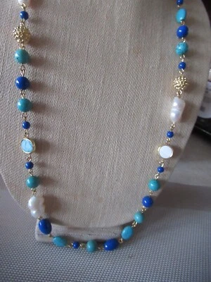 NWT Talbot's Long Necklace/ Gold Tone/ Turquoise, Blue, Faux Pearls - Image 1 of 4