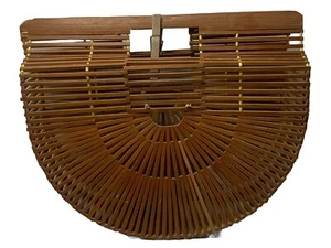 VTG Handmade Bamboo Slated Purse Semi Circle Beach Handbag Bird Cage Clutch Tote - Picture 1 of 5