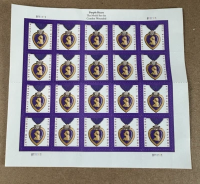 USA Forever Stamps Purple Heart Medal 2019  Full Sheet 20 Stamps - Image 1 of 4