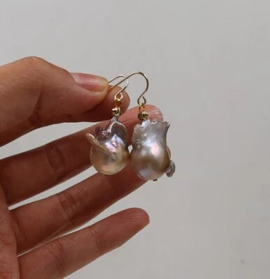 Natural Cultured Baroque Pearl Earrings 18K Gold Ear Drop Dangle P855 - Изображение 1 из 4