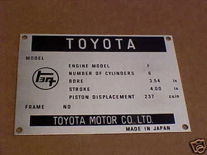 TOYOTA Vintage Data Plate acid etched aluminum - Bild 1 von 3