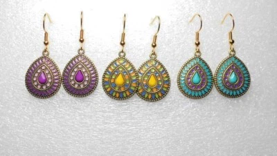 Antique-gold Drops, Enamel, 40mm long, Purple, Yellow, Turquoise.   (3A4) - Image 1 of 2