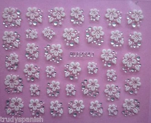 3D Nail Art Lace Stickers Decals Transfers WHITE SILVER Flowers Rhinestone (274) - Picture 1 of 1