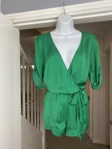 Next.Satin Low V Playsuit. Uk 10. Beautiful Green.Elasticated Waist + Tie Belt - Picture 1 of 9