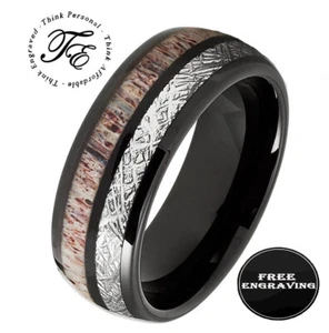 Anillo de promesa de tungsteno negro meteorito y astas personalizado para hombre - Imagen 1 de 12