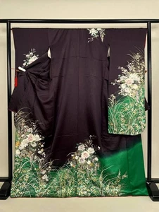 Japanischer Kimono SEIDE "FURISODE" Korb mit Blumen, GLD Blatt, Folie, Kleeblatt, L5'7".4544 - Bild 1 von 20
