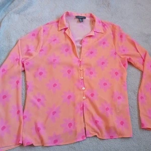 Ladies Floral Sheer Chiffon Vneck Blouse Size 10 Orange And Pink - Picture 1 of 8