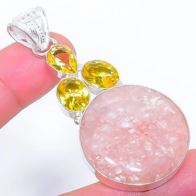 Pendente In Argento Sterling 925 Con Gemma Di Citrino E Quarzo Fragola 2.5" - Immagine 1 di 4