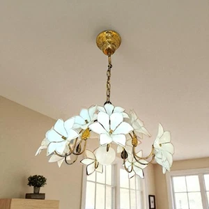 Vintage Murano Glass Floral Chandelier Brass Ceiling Light 1980s Retro Lamp - Picture 1 of 8