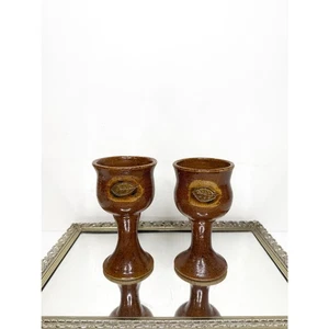 Set of two Brown Chalice Goblet Art Pottery Hand Made Wine cup signed - Picture 1 of 6