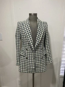Chaqueta Blazer ZARA Tweed Doble Pecho Cuadros Azul Verde Blanco Texturizada Talla S - Imagen 1 de 9
