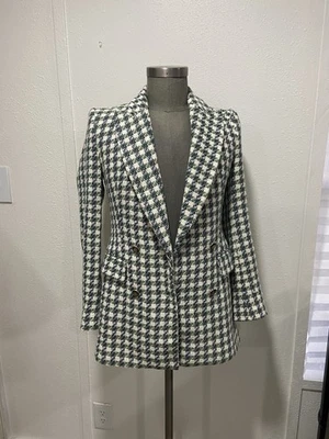 ZARA Tweed Double Breasted Blazer Jacket Plaid Blue Green White Textured Size S - Image 1 of 4
