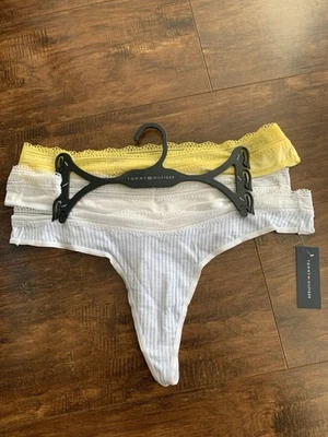 NUEVO CON ETIQUETAS TOMMY HILFIGER TANGA ELÁSTICA ALGODÓN CONJUNTO DE 3 X-GRANDE talla RAYAS/BLANCO/AMARILLO $36 Foto 1 de 4