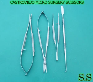 4 STÜCK CASTROVIEJO MIKROCHIRURGIE SCHERE + NADELHALTER + NAHTBINDEZANGE - Bild 1 von 3