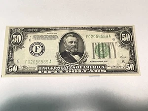 1934 $50.00 FRN UNC CHRISP ATLANTA NOTE BLUE GREEN SEAL AND SERIALS BEAUTIFUL - Picture 1 of 2