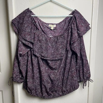 Michael Kors Paisley Off The Shoulder Top Women’s Size 1X Royal Pink Long Sleeve - Image 1 of 4