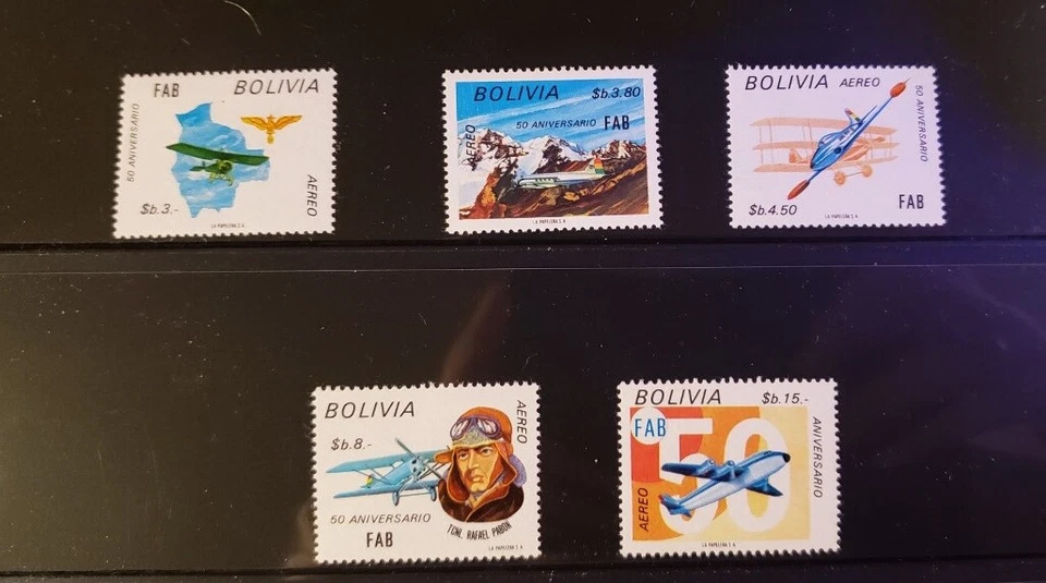 Estampillas de Bolivia - #C331-C335 -50 Aniversario de la Fuerza Aérea Boliviana -MNH XF-1974 Foto 1 de 1