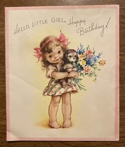 Vintage 1940s Happy Birthday Card Young Little Girl Holding Puppy & Flowers P2D - Picture 1 of 20