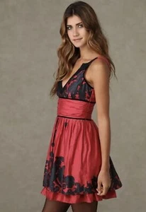 Free People Red & Black Sleeveless V-Neck Mini Dress Size 4 Side Zip Smocking - Picture 1 of 16