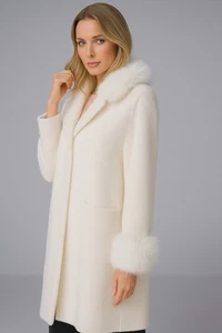 Joseph Ribkoff Feather Yarn and Faux Fur Sweater Coat 243923F25 Winter White XS - Picture 1 of 3
