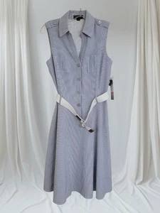 NWT Tahari Arthur S Levine Dress Flare Blue White Stripes Sleeveless Belted Sz 6 - Picture 1 of 14