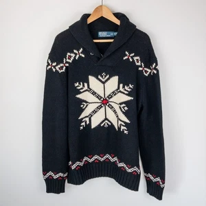 VTG Polo Ralph Lauren Sweater Mens XL Black Nordic Snowflake Shawl Cashmere - Picture 1 of 7