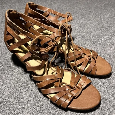 Sandalias Crown Vintage para mujer 9 cuero marrón gladiador tacón de cuña con cordones Foto 1 de 4