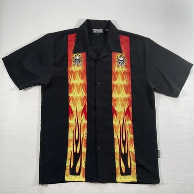 Vintage Dragonfly Shirt Mens Medium Black Flame Skull Loop Collar Bowling Camp - Image 1 of 4