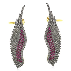 Diamond Ruby Angle Wing Ear Cuff In 925 Sterling Silver 18k Gold - Picture 1 of 6