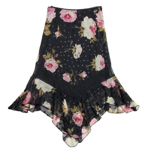 Sz M Vintage Y2K Flowey Skirt Patchwork Black & Pink Floral Hanky Hem Fairycore - Picture 1 of 9