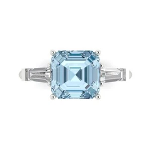 3Ct Asscher Cut Natural Sky Blue Topaz 3 Stone Engagement Ring, 14K White Gold - Picture 1 of 11