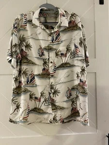 PATRIOTIC HAWIAN  Shirt sz L Drinks Palms Floral FLAG BOATS - Picture 1 of 6