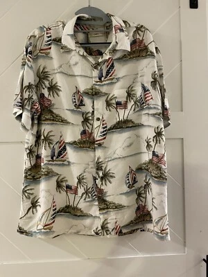 PATRIOTIC HAWIAN  Shirt sz L Drinks Palms Floral FLAG BOATS - Image 1 of 4