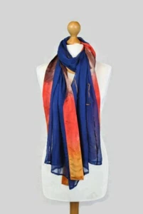 Vintage Fiona Heyward Handmade Embellished Orange And Navy Silk Scarf - Picture 1 of 11