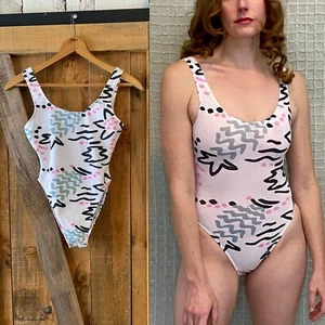 Vintage 80s White & Pink Cotton New Wave Abstract Bodysuit Didi Designs size S - Picture 1 of 12