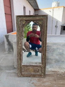 Antique Rajasthani Wooden Arch Floral Pattern Carved Big Wall Hanging Mirror - Picture 1 of 11