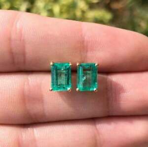 2.60 CT Emerald Cut Simulated Green Emerald 14K Yellow Gold Finish Stud Earrings
