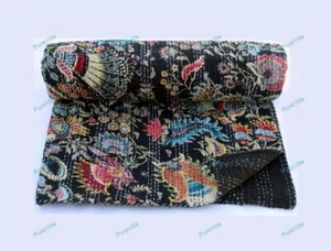 Doble Colcha Edredón Kantha Flor Patrón Algodón Negro Bohemio Gypsy Manta - Imagen 1 de 11