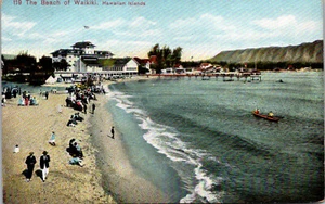 HONOLULU, HAWAII - BUSY BEACH OF WAIKIKI - OLD PRIVATE MAILING CARD - Picture 1 of 2