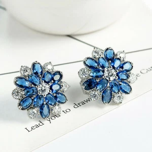 Handmade Jewelry Flower London Blue Topaz Gemstone Silver Clip On Stud Earrings - Picture 1 of 6