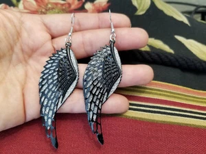 Angel Wings Black Silver Hook Dangle Earrings MM - Picture 1 of 5