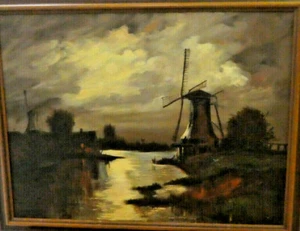 Antique Dutch  Oil on Canvas Painting ''Moonlit River Landscape with a Windmill' - Picture 1 of 12