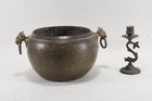 Q89D19- Alter Messing Kessel figürliche Tierkopfgriffe 1x Kerzenleuchter Orient