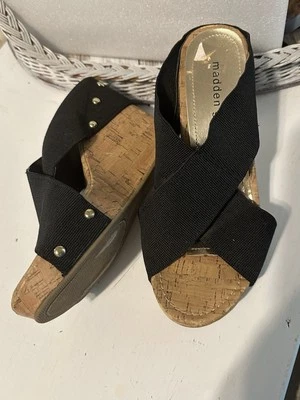 Madden Girl platform wedge heel slides sandals Black slip on shoes - Image 1 of 4