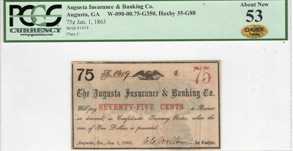 1863 GEORGIA AUGUSTA 75c Rare Civil War Bank Banknote Obsolete Currency, PCGS 53 - Image 1 of 4